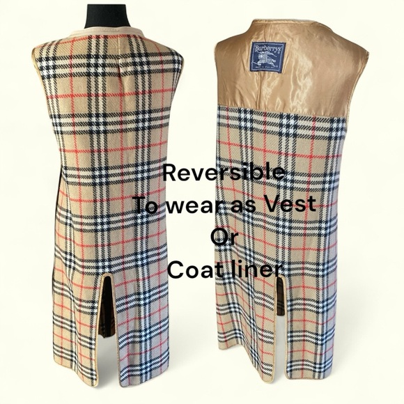 BURBERRYS’ Reversible Wool Warmer Plaid Vest Inner Gilet Tartan Open Front Liner - Picture 12 of 14